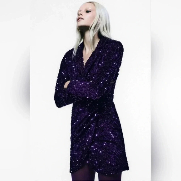 NWOT ZARA WOMAN SEQUIN COLLAR BLAZER MINI DRESS Purple - Picture 5 of 12